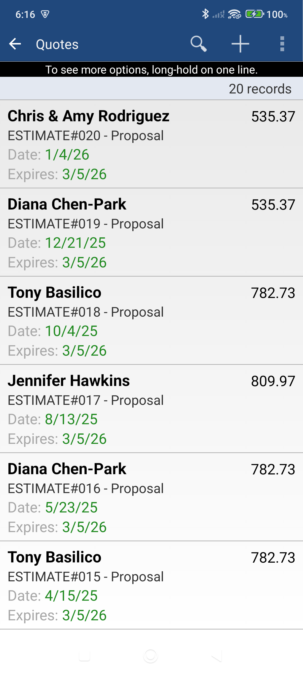 Quotes list with a quote selected