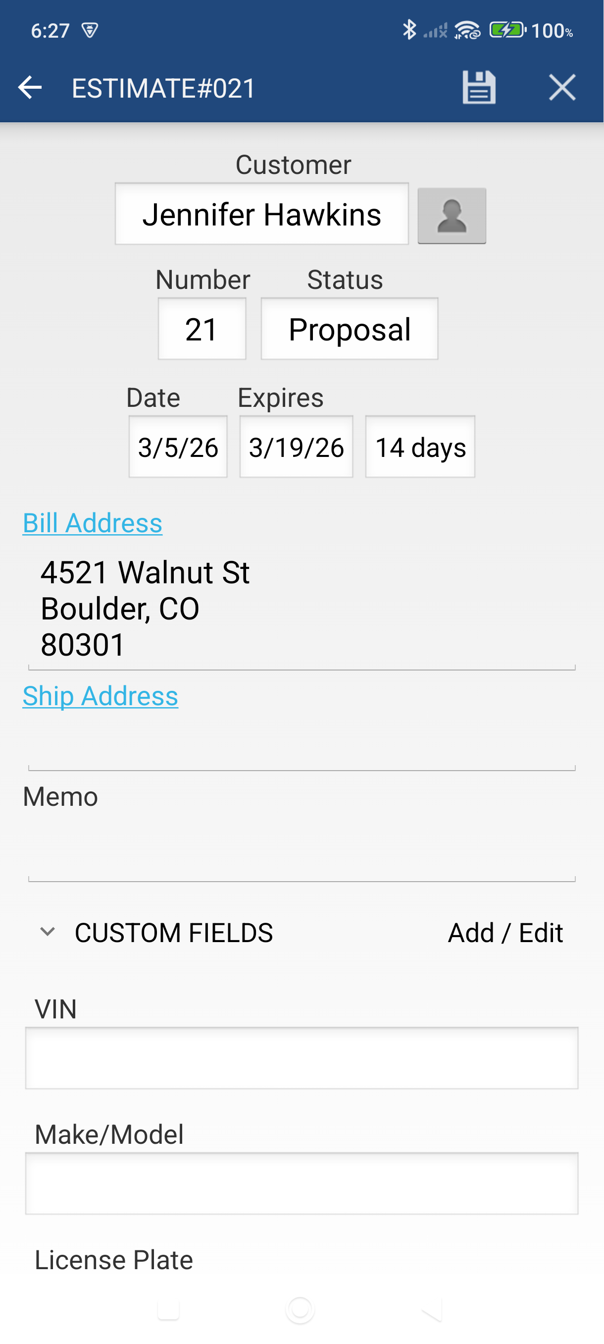 Quote header screen with Customer field selected
