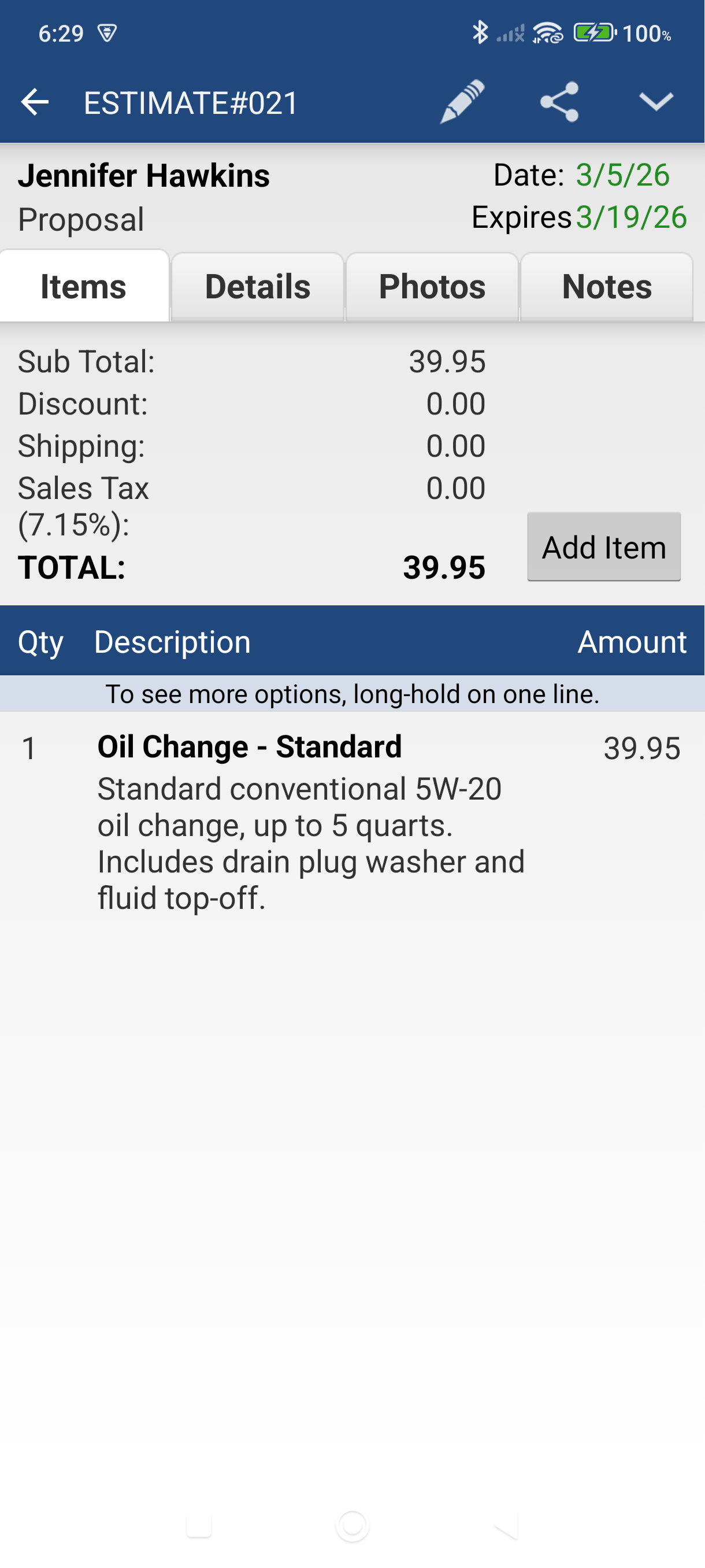 Quote view screen with Items tab selected