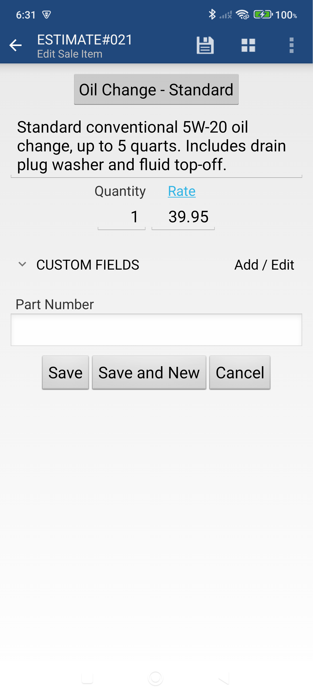 Line item screen with item and rate filled in