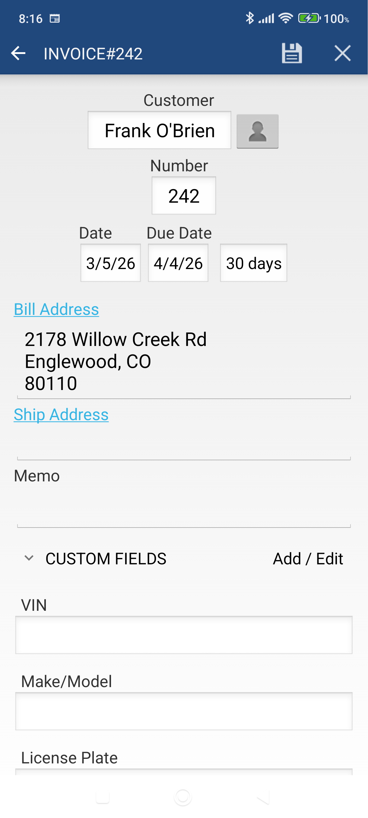 Invoice header screen with Customer field