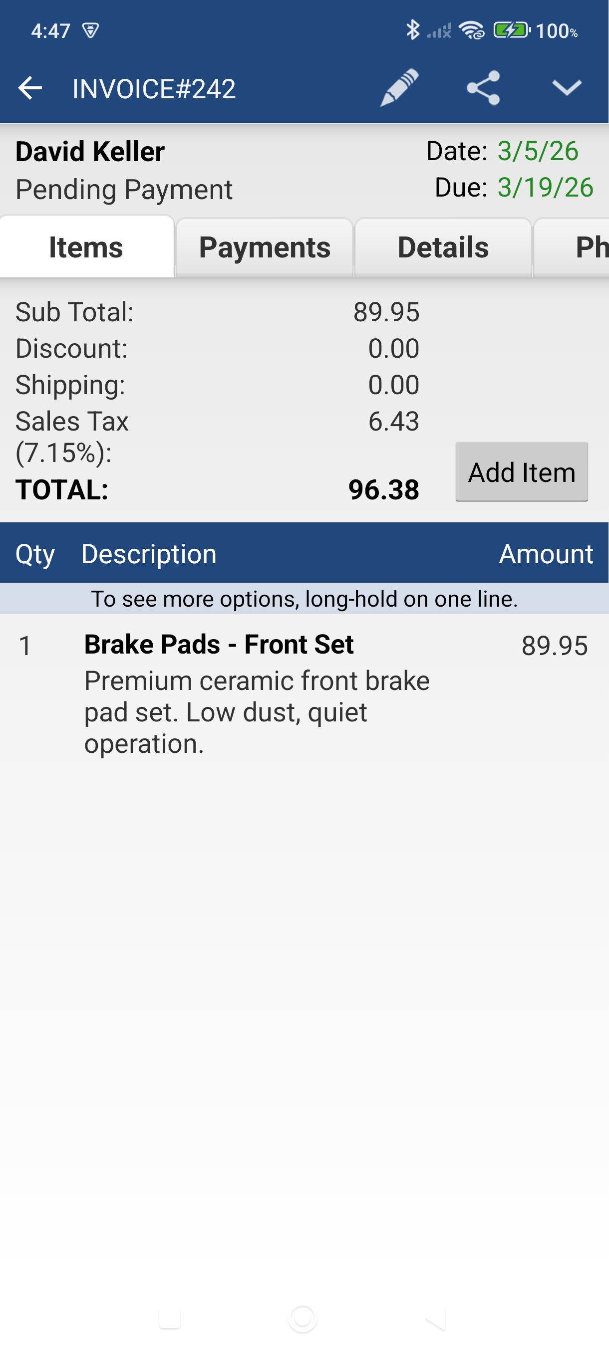 Invoice view screen with Items tab selected