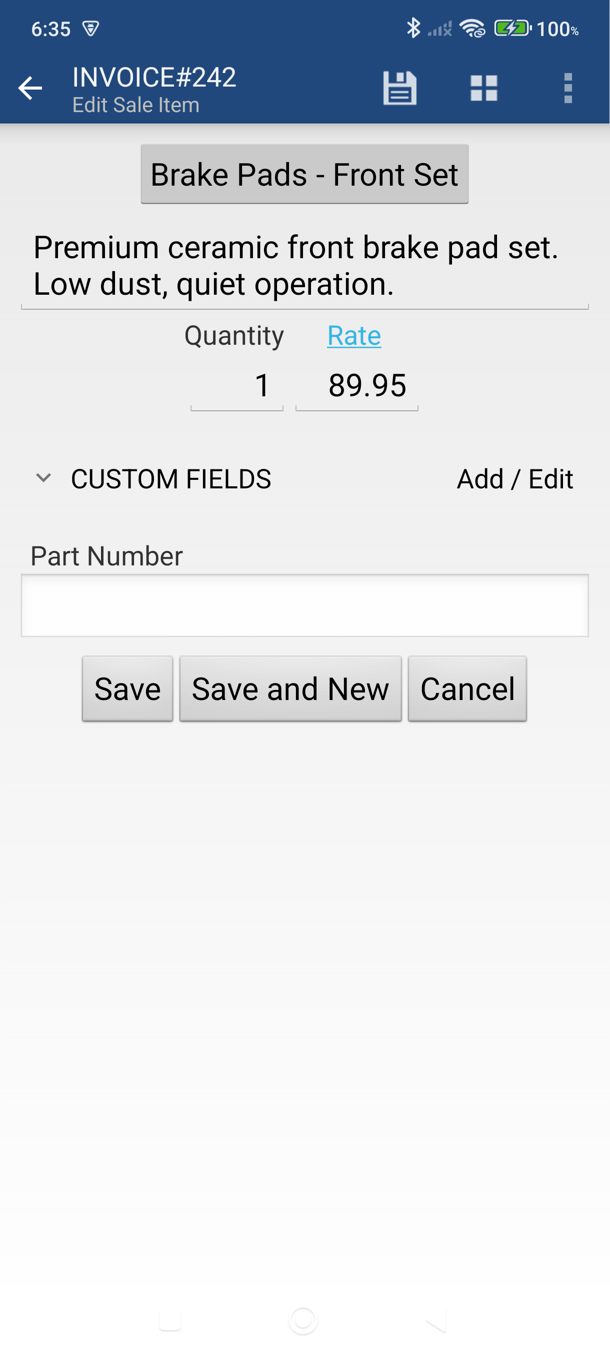 Line item screen with item, quantity, and rate filled in