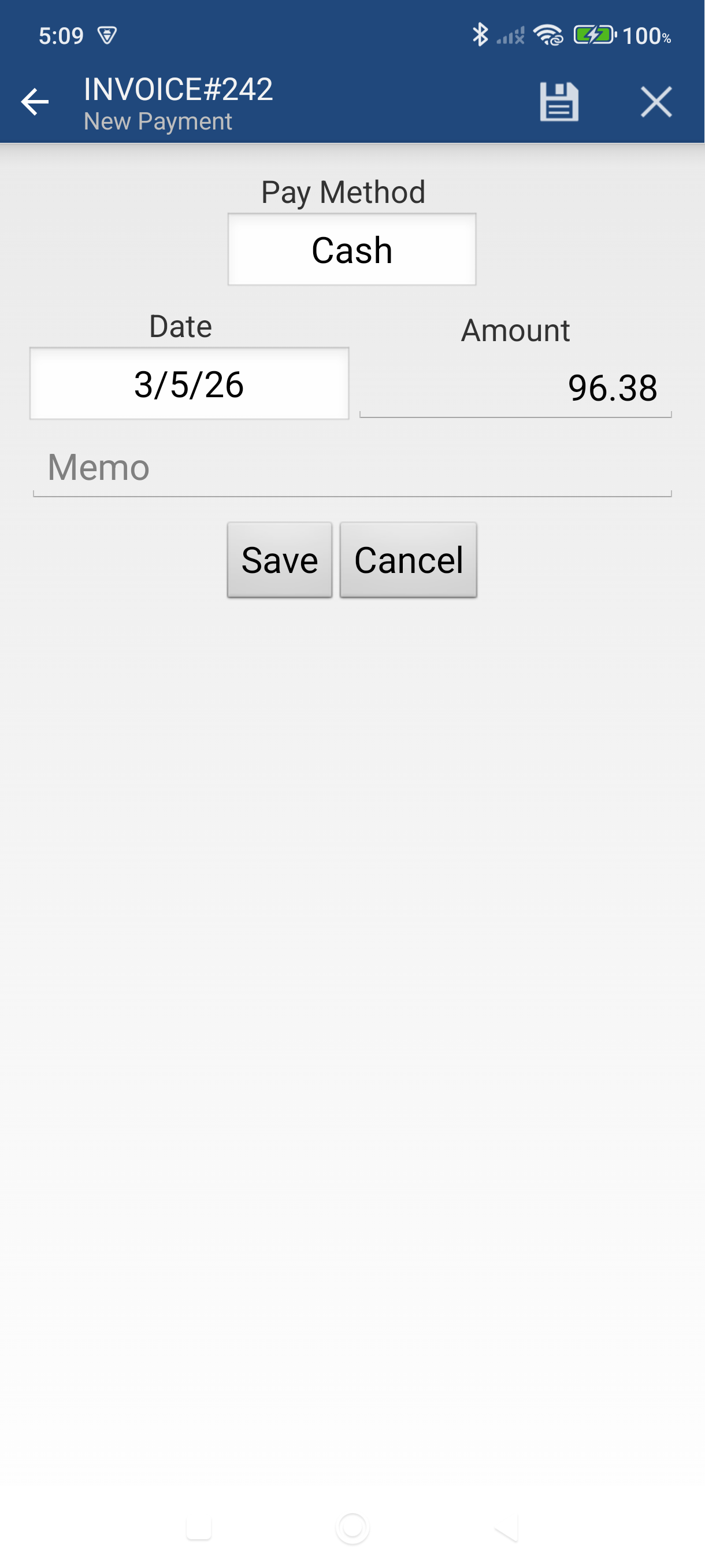Accept Payment screen with date, method, and open invoices list