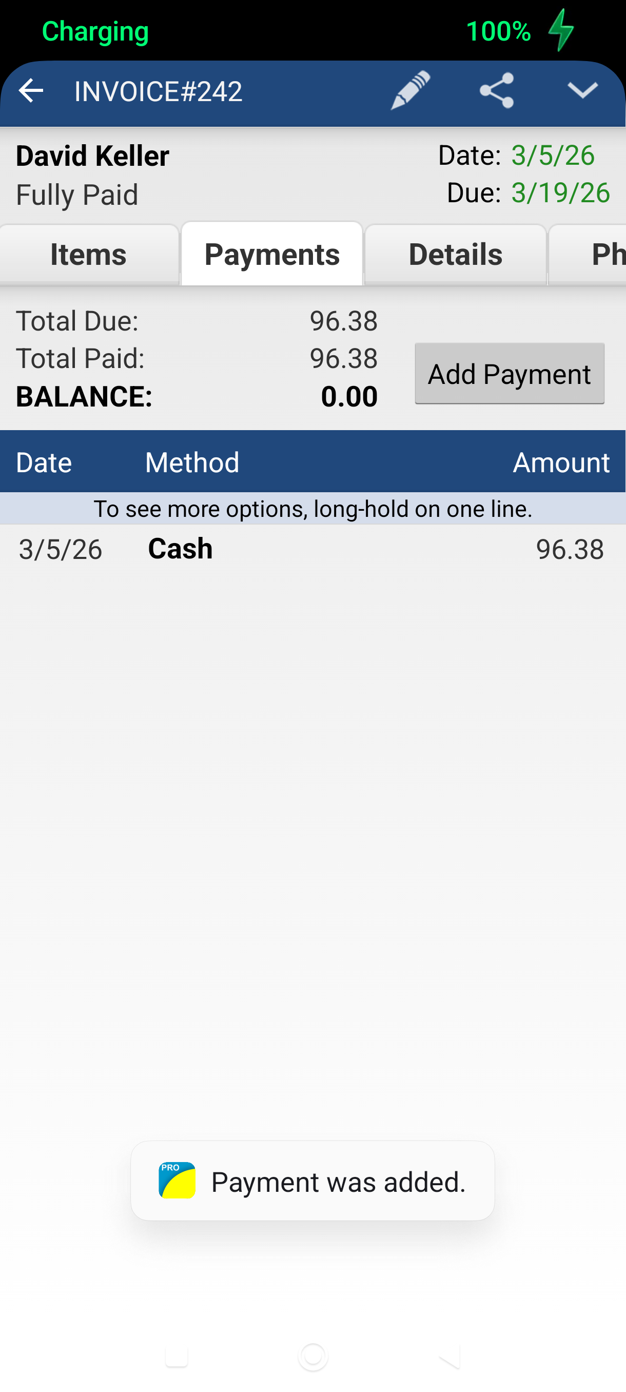Invoice Payments tab after payment showing updated balance
