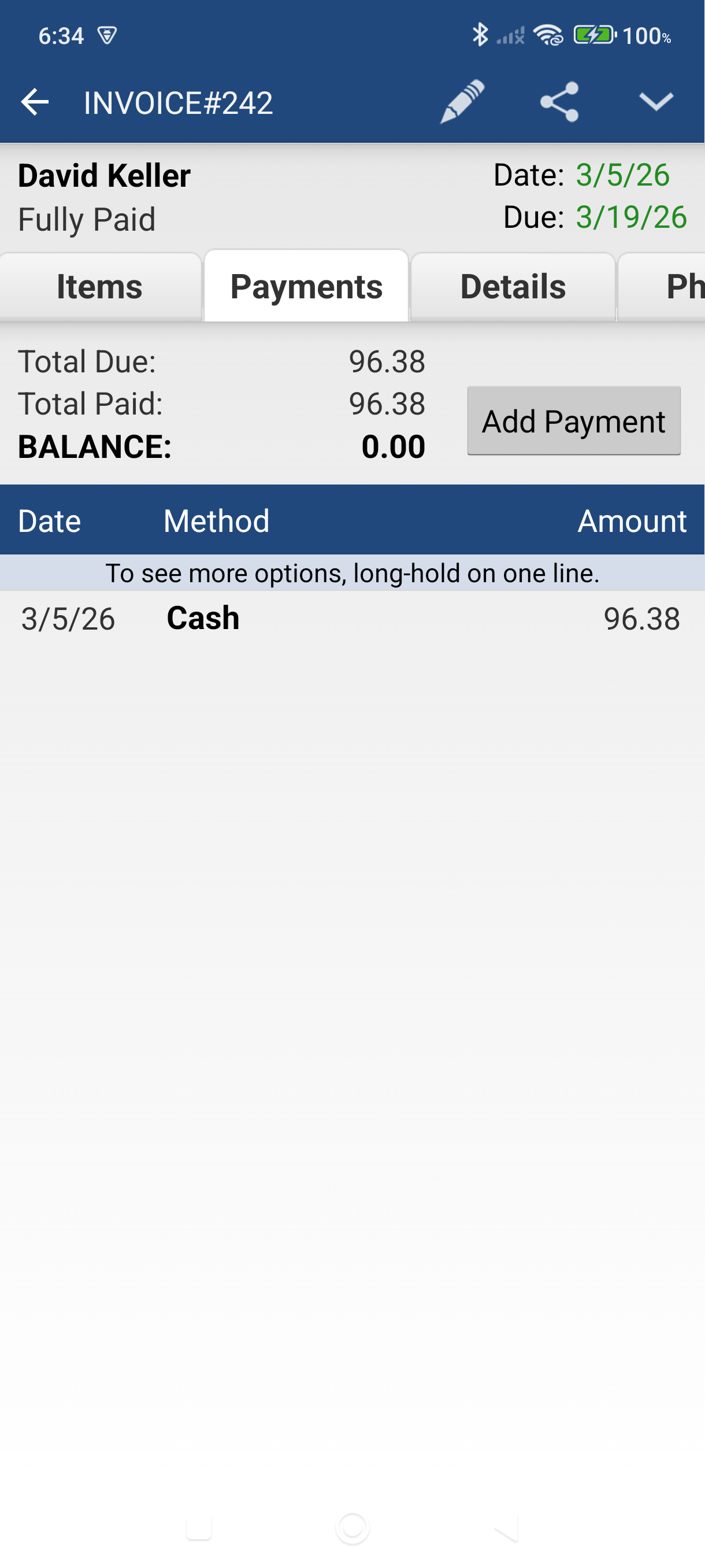 Invoice Payments tab showing Total Due, Total Paid, and Balance