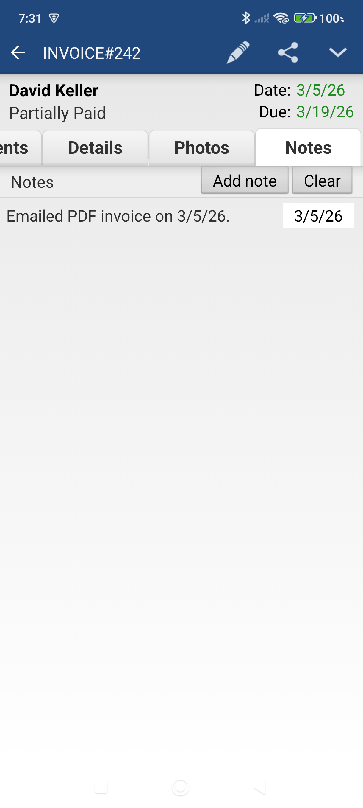 Notes tab showing the emailed PDF note with date