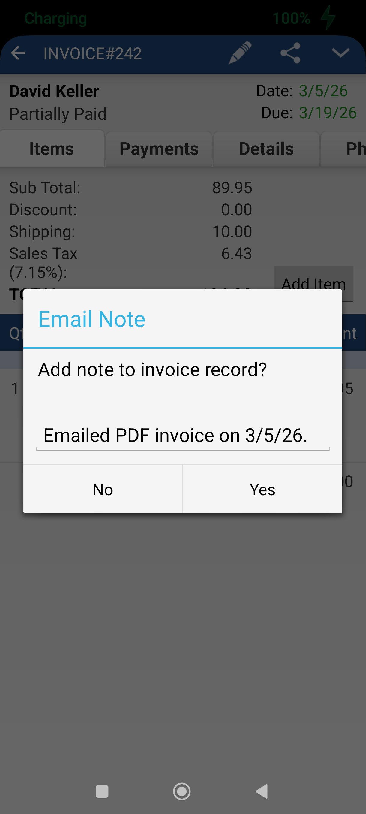 Email Note dialog asking whether to add note to invoice record