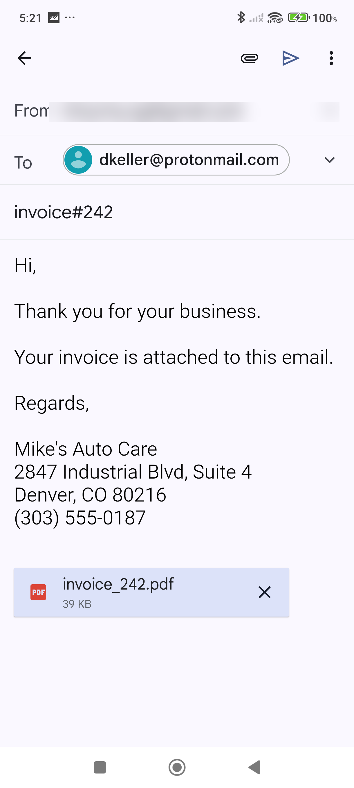 Email compose screen with PDF attached and subject pre-filled