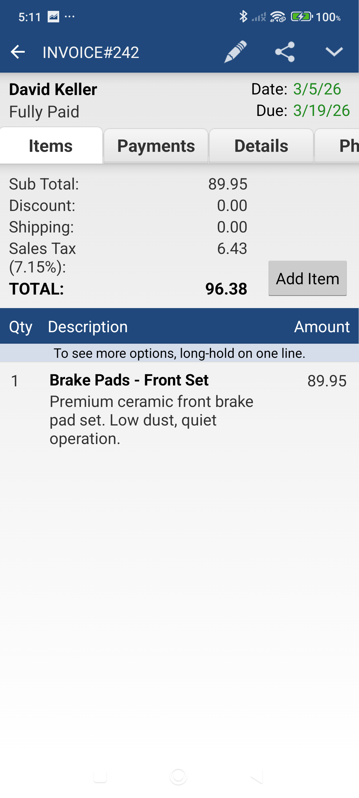 Invoice view screen with Share icon highlighted in action bar