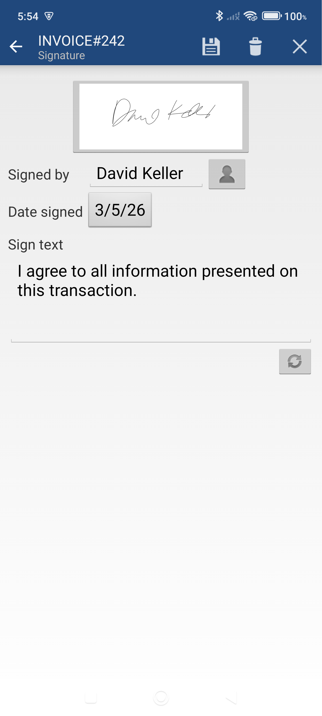 Invoice Details tab showing saved signature with date