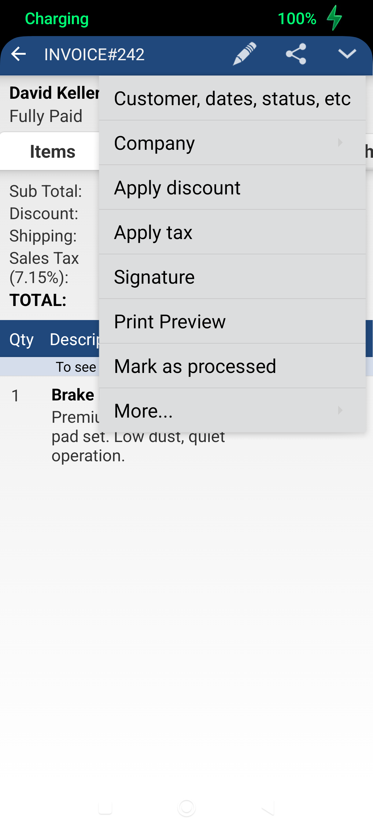 Edit menu on invoice view screen with Signature option highlighted