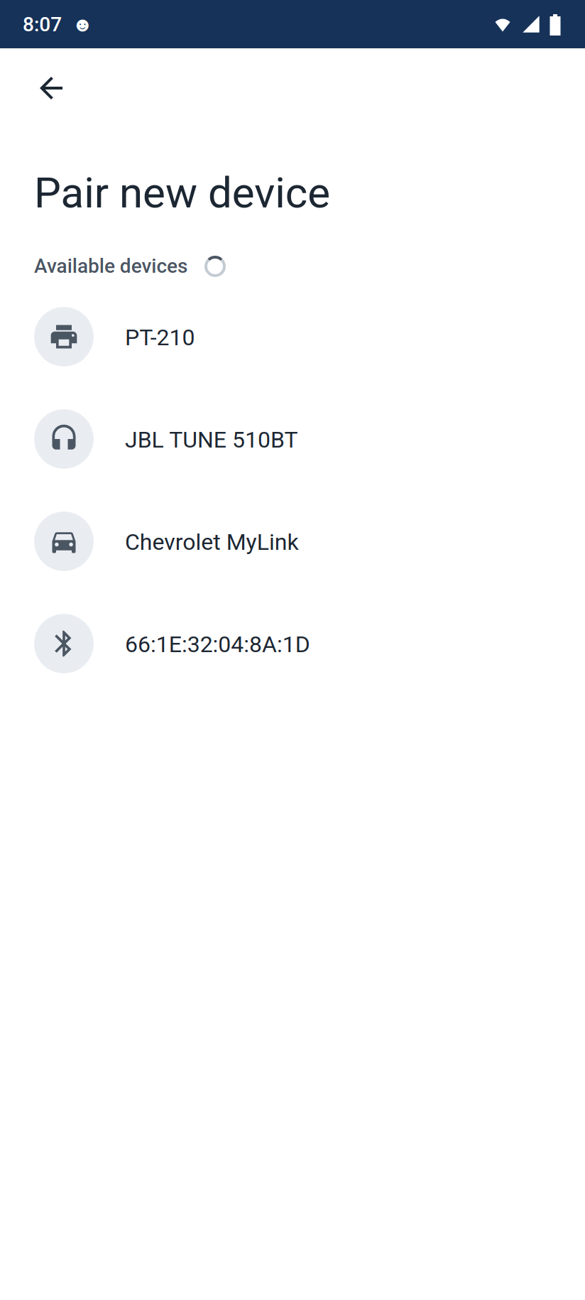 Android's Pair new device screen listing available Bluetooth devices: a printer named PT-210, JBL TUNE 510BT headphones, a Chevrolet MyLink car stereo, and an unnamed device shown by its address