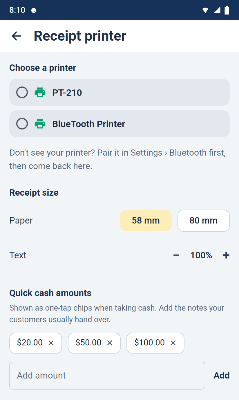The Receipt printer screen in MobileBiz Pro showing Choose a printer with two paired devices listed and neither one selected, above the Receipt size and Quick cash amounts sections
