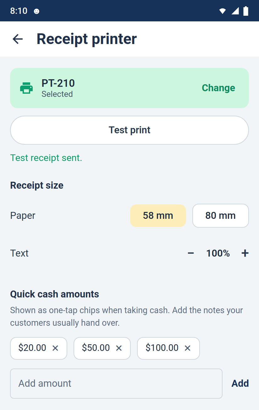 The Receipt printer screen with PT-210 selected in a highlighted card, a Test print button, and the confirmation Test receipt sent