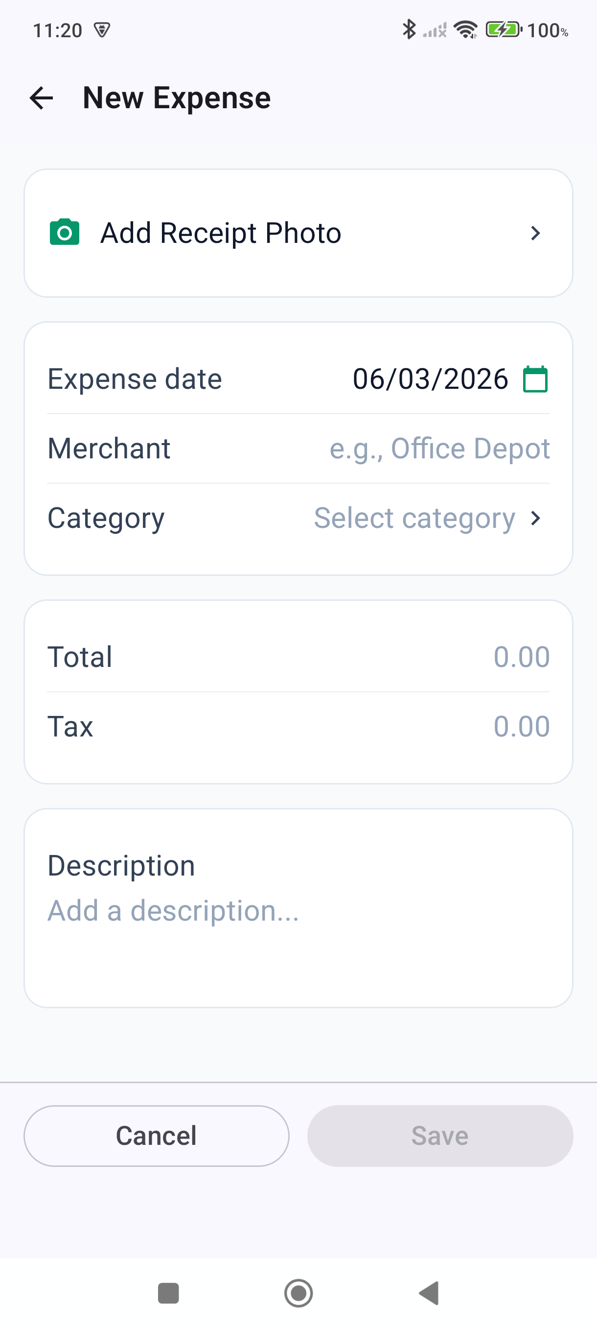 New expense form with amount, date, and category fields