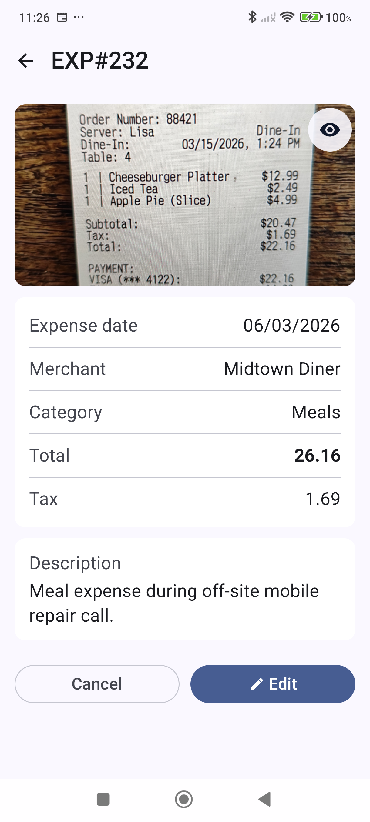 Expense detail with receipt photo attached