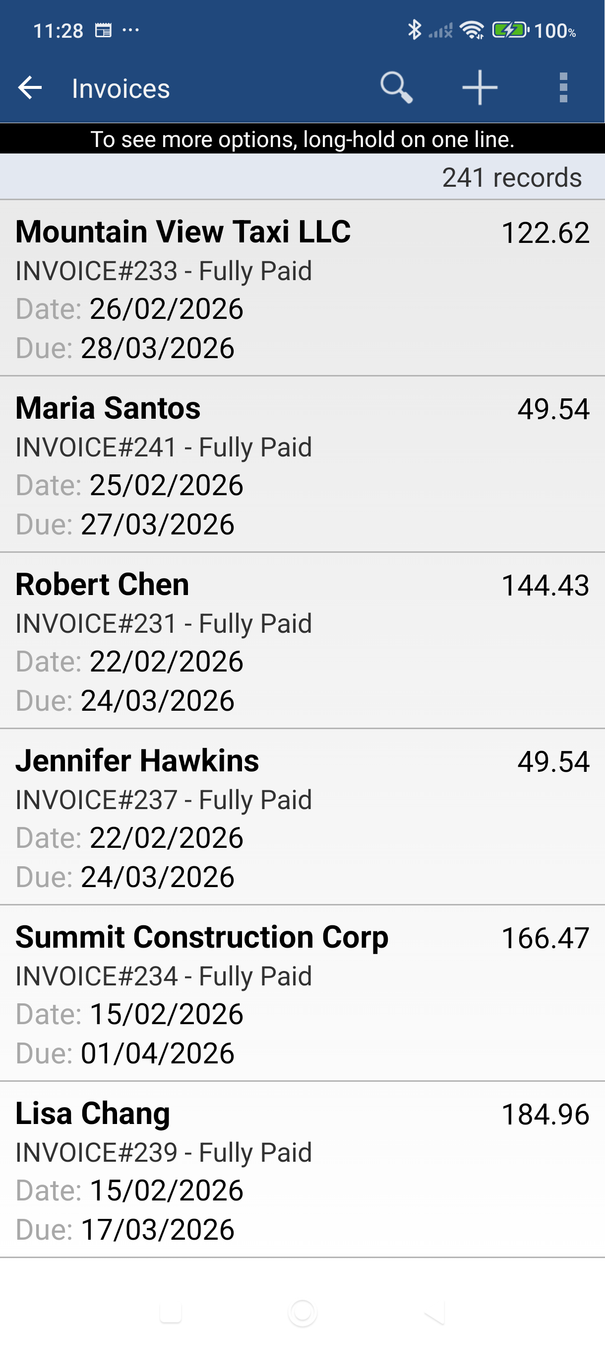 Sales list with an invoice selected