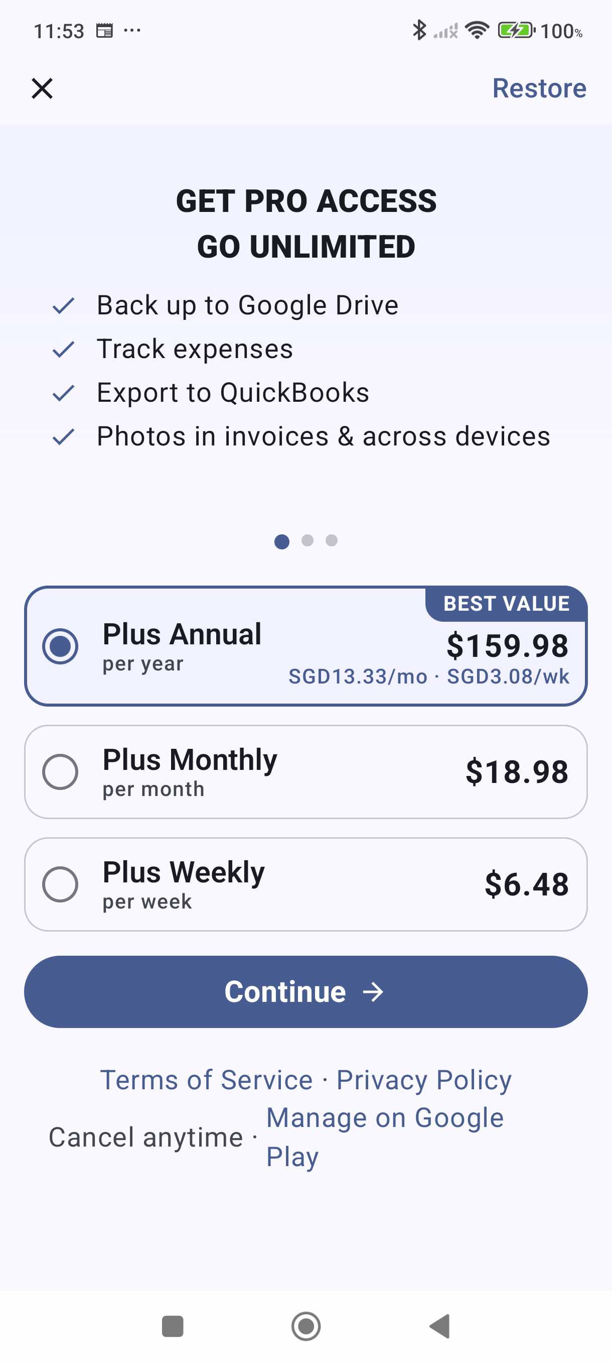 Subscription screen showing plan options