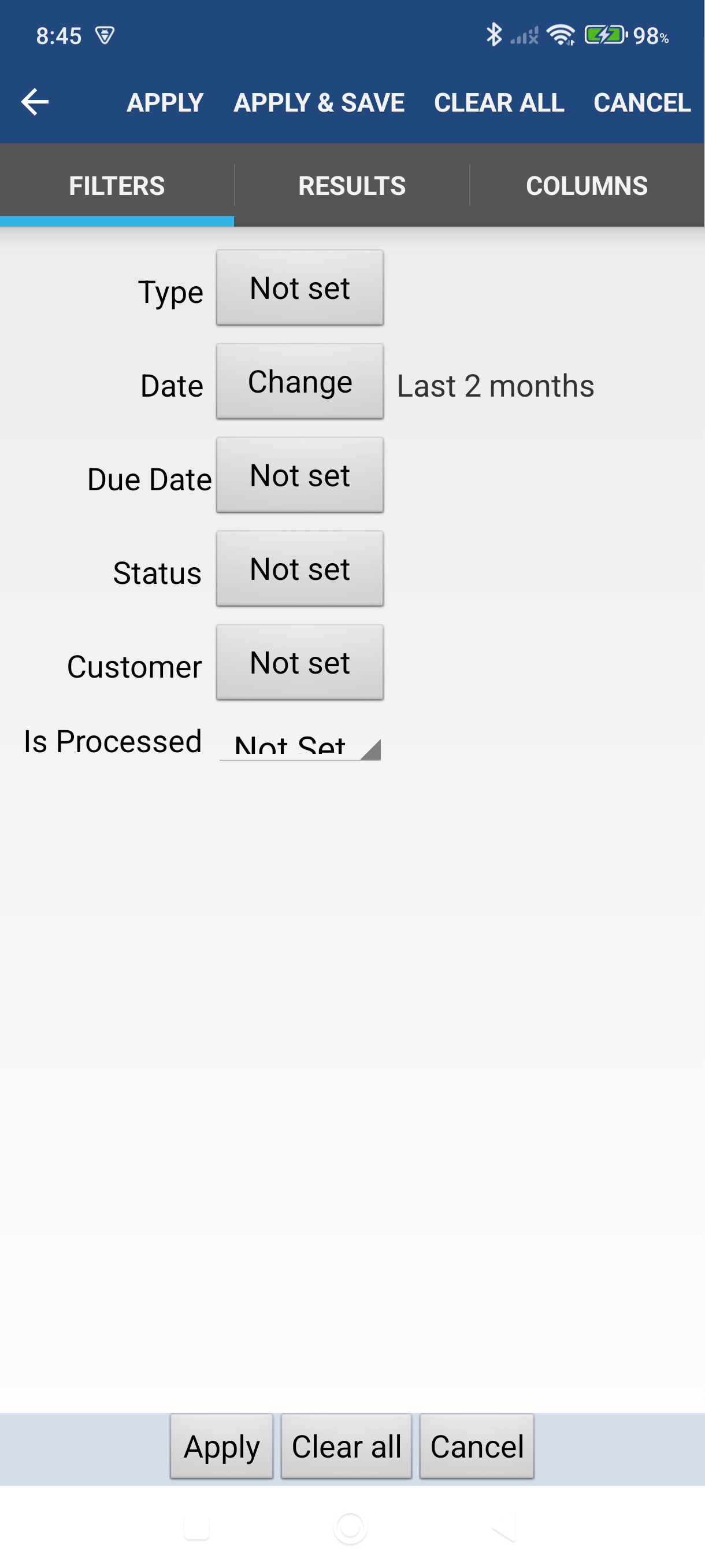 Report filter screen showing date range and column options