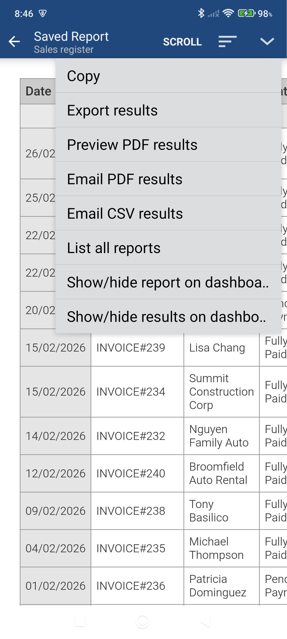 Report action bar showing More menu options
