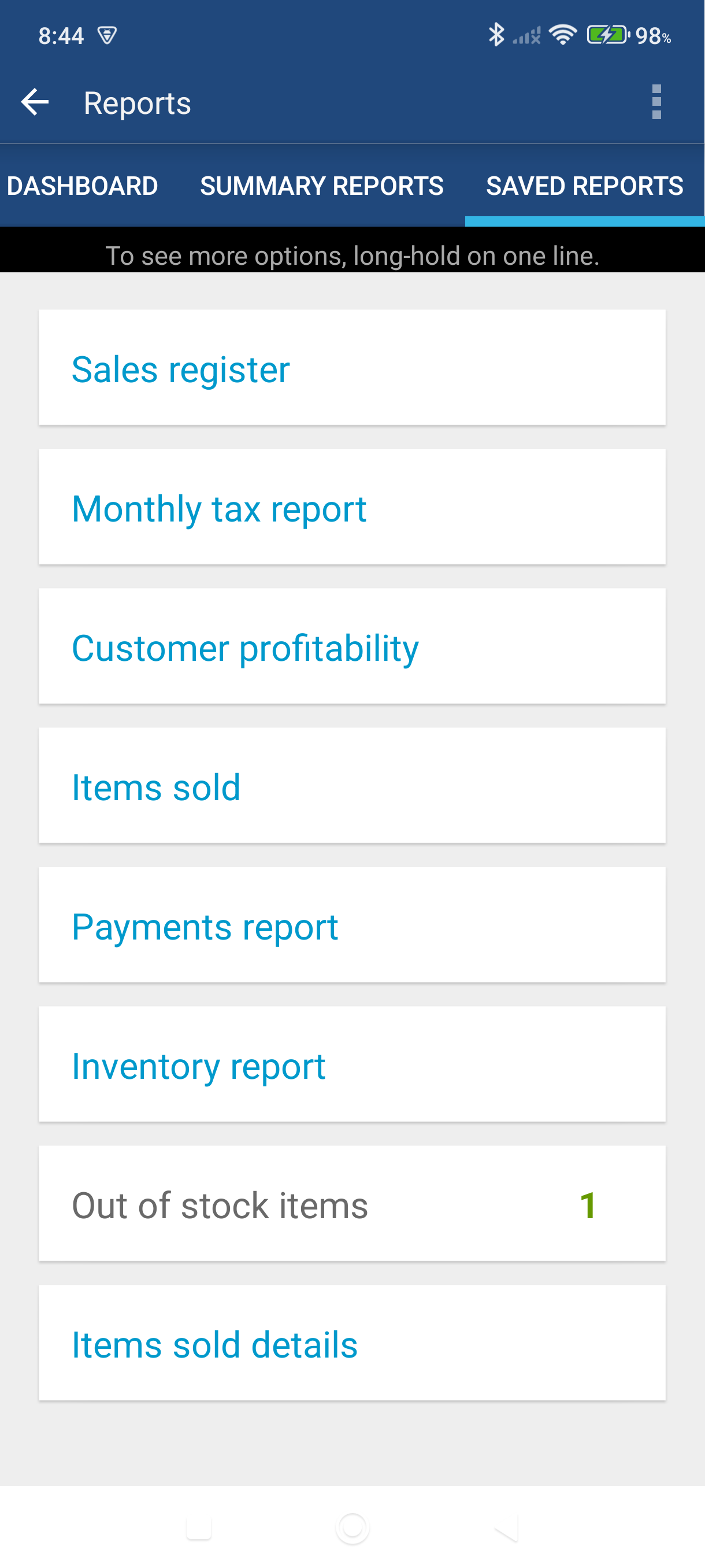 Saved Reports tab showing list of report configurations