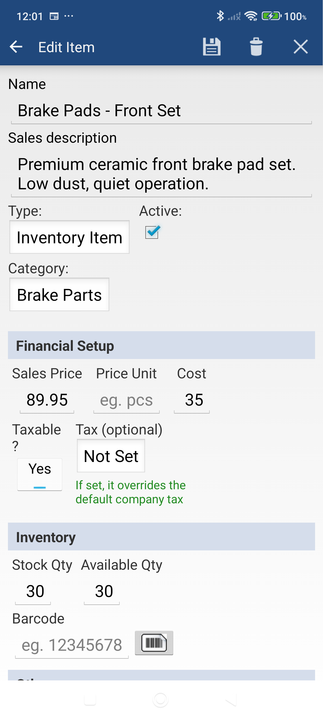 Item edit screen with barcode icon highlighted