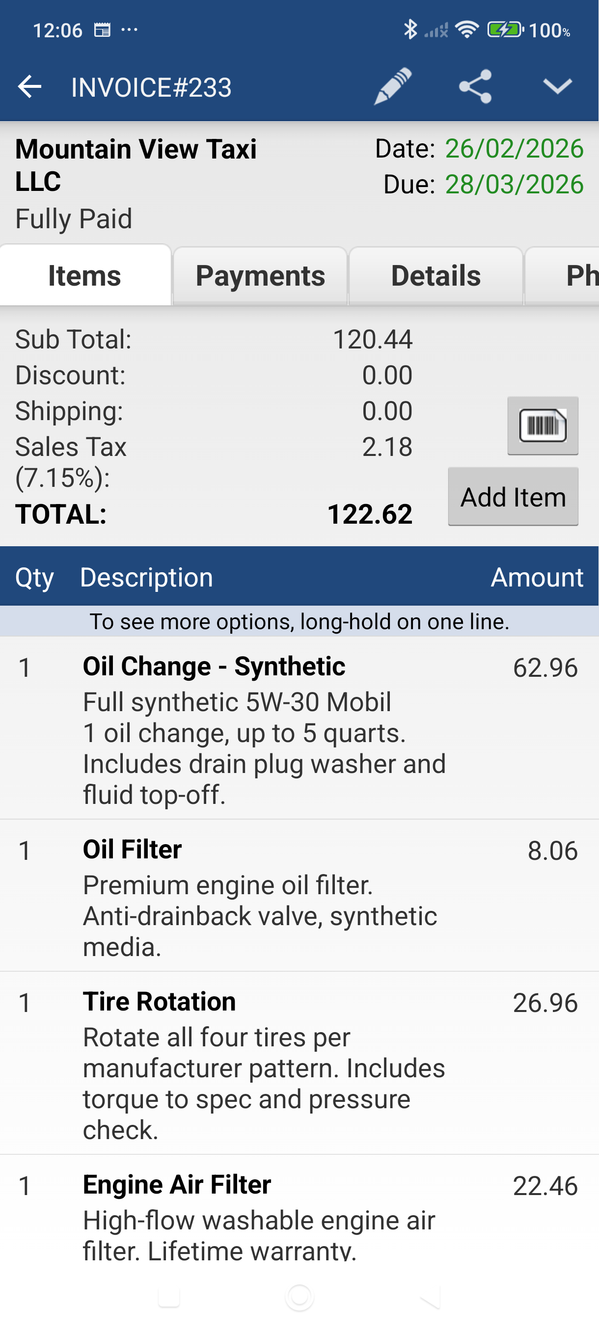 Invoice screen with barcode icon in action bar